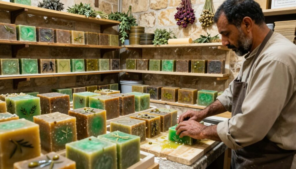 A traditional scene of Aleppo soap production, showcasing artisan craftsmen at work in a sunlit workshop filled with shelves of olive and laurel oil soaps. In the foreground, a skilled artisan, dressed in modest clothing, is shaping and cutting fresh soap bars, with vibrant green and brown colors reflecting the natural ingredients. The middle ground features shelves lined with neatly arranged Aleppo soaps, while the background reveals the rustic stone walls of the workshop adorned with herbs and hanging dried flowers. Soft, warm lighting emphasizes the texture of the soap and the ambiance of the traditional crafting process, evoking a sense of history and cultural significance. The overall atmosphere is inviting, celebrating the rich heritage of Aleppo's soap-making tradition.