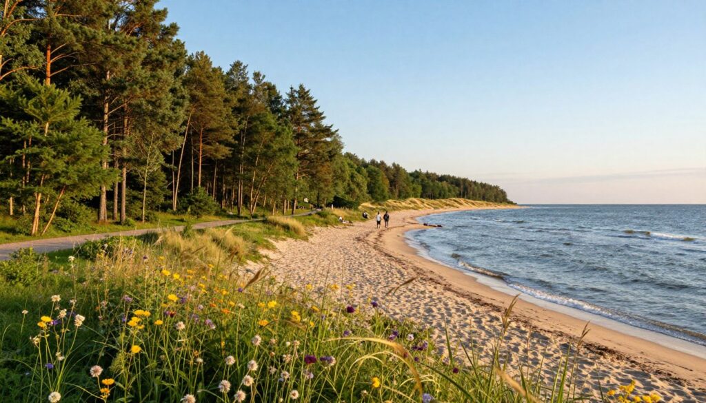 A tranquil coastal landscape of the Nadmorski Park Krajobrazowy, featuring lush green forests with diverse trees, smooth sandy beaches, and gentle waves lapping at the shore. In the foreground, vibrant wildflowers sway in the breeze, their colors vivid against the greenery. In the middle ground, a peaceful path winds through the park, leading towards the beach, where a few people are enjoying the scenery, dressed in modest casual clothing. The background showcases rolling dunes and a serene horizon blending seamlessly with a clear blue sky during golden hour, casting warm, soft light across the scene. The overall mood is serene and inviting, capturing the natural beauty and biodiversity of this coastal region. A tranquil coastal landscape of the Nadmorski Park Krajobrazowy, featuring lush green forests with diverse trees, smooth sandy beaches, and gentle waves lapping at the shore. In the foreground, vibrant wildflowers sway in the breeze, their colors vivid against the greenery. In the middle ground, a peaceful path winds through the park, leading towards the beach, where a few people are enjoying the scenery, dressed in modest casual clothing. The background showcases rolling dunes and a serene horizon blending seamlessly with a clear blue sky during golden hour, casting warm, soft light across the scene. The overall mood is serene and inviting, capturing the natural beauty and biodiversity of this coastal region.
