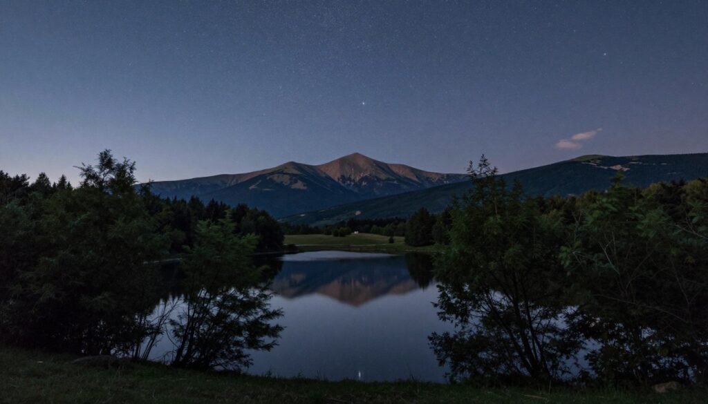 A tranquil scene of the Izerski Dark Sky Park at night, showcasing a stunning view of a star-filled sky. In the foreground, a few silhouetted trees frame the bottom, their branches gently swaying in a light breeze. The middle ground features a small, serene lake reflecting the celestial display above, creating a sense of harmony with nature. In the background, the majestic Izerskie Mountains rise under the dark sky, lightly illuminated by the moon. The atmosphere is peaceful and inviting, with soft, ethereal lighting, emphasizing the beauty of the night. The composition captures a sweeping panorama, allowing for a wide-angle perspective that draws viewers into the serene twilight experience of the park.