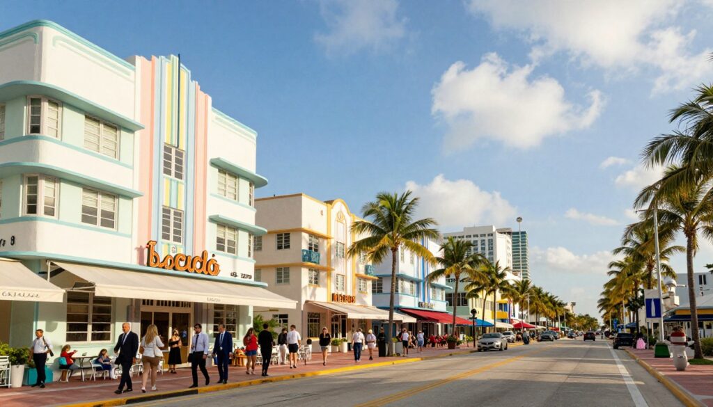 A vibrant Art Deco scene showcasing the iconic architecture of Miami Beach's Historic District. In the foreground, depict colorful pastel buildings with geometric patterns and curved lines, highlighting decorative details like ornate railings and bold signage. In the middle ground, a palm-lined street bustling with people dressed in professional attire and modest casual clothing, enjoying the warm sun and lively atmosphere. In the background, a bright blue sky with wispy clouds frames the scene, casting soft, warm lighting that enhances the artful details. Capture the essence of the 1920s glamor combined with the relaxed vibe of Miami, inviting viewers to experience its rich architectural heritage. Use a wide-angle lens to encompass the full splendor of the street and buildings, emphasizing their scale and beauty.