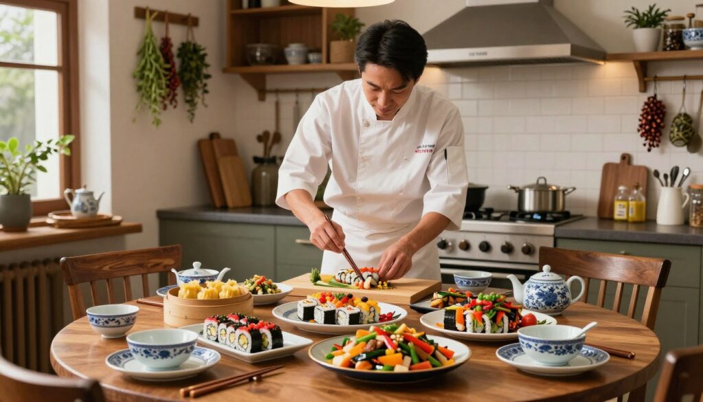 A vibrant Asian kitchen scene in Prague, showcasing a beautifully arranged table filled with traditional Asian dishes, such as sushi, dim sum, and colorful stir-fried vegetables. In the foreground, a wooden table is set with chopsticks, tea pots, and elegant porcelain dishes. The middle of the image features a chef in a clean, modest outfit skillfully preparing a dish, their focused expression capturing the essence of culinary artistry. In the background, a cozy, ambient kitchen is adorned with hanging herbs and spices, warm lighting illuminating the intricate details. The atmosphere is inviting and culturally rich, blending Asian culinary traditions with a touch of Czech charm, evoking a sense of discovery and taste exploration. A vibrant Asian kitchen scene in Prague, showcasing a beautifully arranged table filled with traditional Asian dishes, such as sushi, dim sum, and colorful stir-fried vegetables. In the foreground, a wooden table is set with chopsticks, tea pots, and elegant porcelain dishes. The middle of the image features a chef in a clean, modest outfit skillfully preparing a dish, their focused expression capturing the essence of culinary artistry. In the background, a cozy, ambient kitchen is adorned with hanging herbs and spices, warm lighting illuminating the intricate details. The atmosphere is inviting and culturally rich, blending Asian culinary traditions with a touch of Czech charm, evoking a sense of discovery and taste exploration.