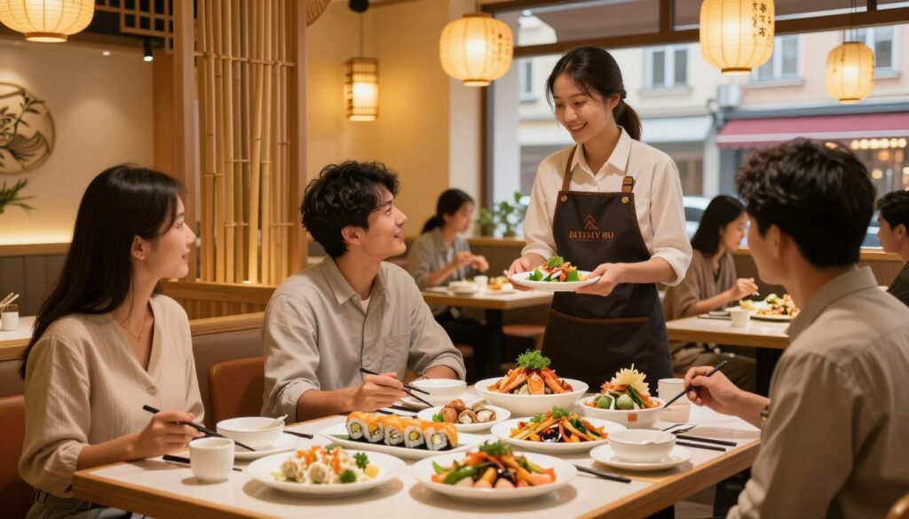 A vibrant Asian restaurant in Warsaw, showcasing an inviting ambiance with warm, golden lighting. In the foreground, a beautifully arranged table with an array of colorful dishes, including sushi, dumplings, and stir-fried vegetables, garnished with fresh herbs. A friendly waitress, dressed in modest casual attire, warmly interacts with a group of diners, sharing culinary insights. The middle of the image features a stylish interior with Asian decorative elements like lanterns and bamboo. In the background, a glimpse of the bustling street through large windows, capturing the energy of the city. The overall mood is cheerful and welcoming, inviting viewers to experience a culinary journey through Asian flavors in the heart of Warsaw. A vibrant Asian restaurant in Warsaw, showcasing an inviting ambiance with warm, golden lighting. In the foreground, a beautifully arranged table with an array of colorful dishes, including sushi, dumplings, and stir-fried vegetables, garnished with fresh herbs. A friendly waitress, dressed in modest casual attire, warmly interacts with a group of diners, sharing culinary insights. The middle of the image features a stylish interior with Asian decorative elements like lanterns and bamboo. In the background, a glimpse of the bustling street through large windows, capturing the energy of the city. The overall mood is cheerful and welcoming, inviting viewers to experience a culinary journey through Asian flavors in the heart of Warsaw.