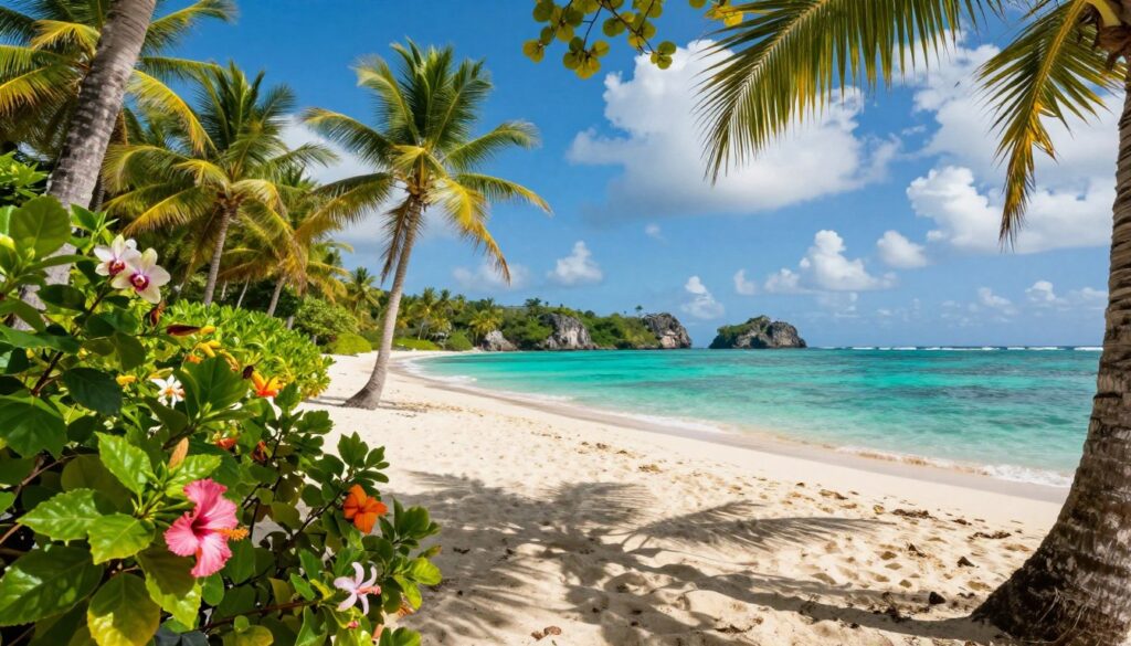 A vibrant Caribbean island scene showcasing the lush biodiversity and endemic plant species of the region. In the foreground, include a variety of exotic plants with rich green leaves and colorful flowers, like hibiscus and orchids, creating a lush, tropical feel. The middle ground features soft, sandy beaches bordering crystal-clear turquoise waters, dotted with palm trees swaying gently in the breeze. The background reveals distant, rocky cliffs covered in dense vegetation under a bright blue sky with fluffy white clouds. The sunlight filters through the leaves, casting enchanting shadows on the sand. Capture the serene atmosphere of an untouched paradise, emphasizing the natural beauty and ecological richness of these islands, ideal for readers to appreciate before vacation planning. A vibrant Caribbean island scene showcasing the lush biodiversity and endemic plant species of the region. In the foreground, include a variety of exotic plants with rich green leaves and colorful flowers, like hibiscus and orchids, creating a lush, tropical feel. The middle ground features soft, sandy beaches bordering crystal-clear turquoise waters, dotted with palm trees swaying gently in the breeze. The background reveals distant, rocky cliffs covered in dense vegetation under a bright blue sky with fluffy white clouds. The sunlight filters through the leaves, casting enchanting shadows on the sand. Capture the serene atmosphere of an untouched paradise, emphasizing the natural beauty and ecological richness of these islands, ideal for readers to appreciate before vacation planning.