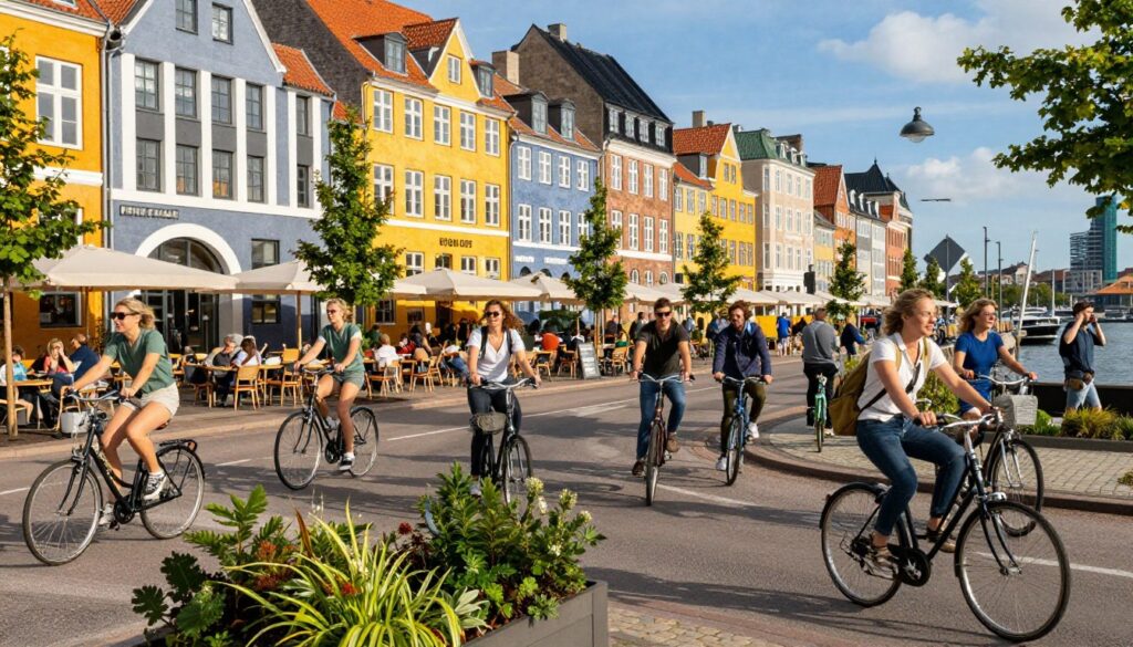 A vibrant Copenhagen street scene showcasing the bicycle culture and modern urban design. In the foreground, a diverse group of people riding bicycles, dressed in casual yet stylish clothing, navigating wide bike lanes adorned with green plants. The middle ground features contemporary architecture, including innovative buildings and cozy cafes with outdoor seating, all bustling with life. In the background, iconic Copenhagen features like colorful canal houses and a view of the waterfront under a bright blue sky. The ambiance is lively and energetic, bathed in warm afternoon sunlight, creating a sense of community and sustainability in urban living. The scene captures the essence of cycling as an integral part of city life, emphasizing health and eco-friendliness.