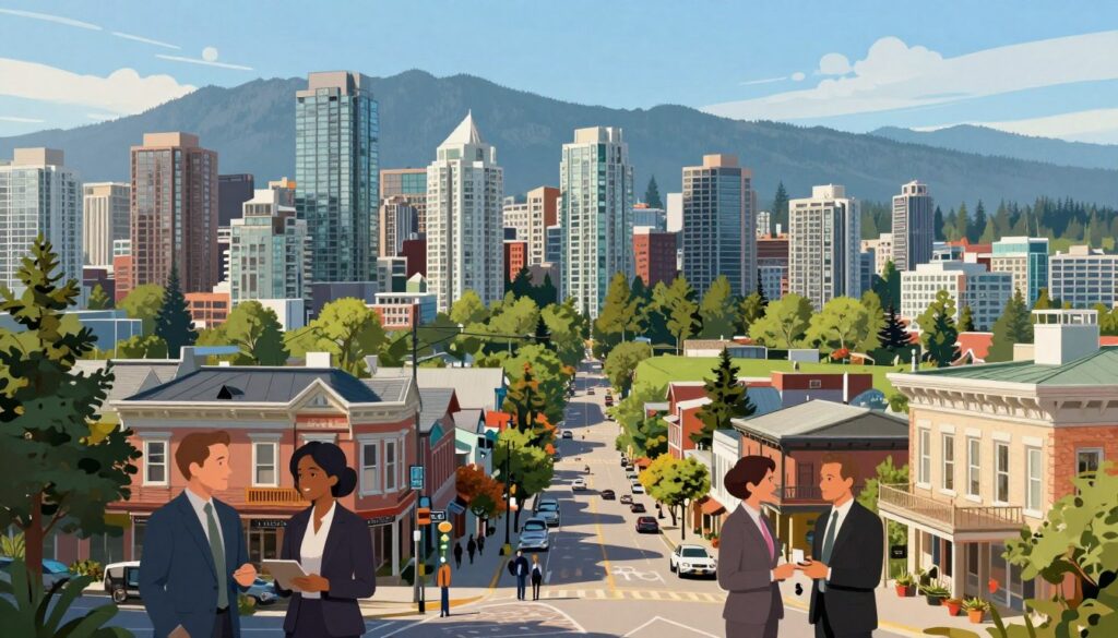 A vibrant and detailed illustration showcasing the administrative divisions and key neighborhoods of Vancouver. In the foreground, depict a bustling urban scene with well-dressed professionals engaged in conversation, surrounded by diverse local architecture. In the middle ground, highlight distinct neighborhoods like Gastown with its historic buildings and cobbled streets, and Yaletown with modern high-rises against lush green parks. The background features the stunning mountains that surround the city, with a clear blue sky and soft, diffused sunlight casting a warm glow. The overall mood should be energetic and inviting, capturing the essence of a city nestled between mountains and ocean, offering both natural beauty and urban charm. A vibrant and detailed illustration showcasing the administrative divisions and key neighborhoods of Vancouver. In the foreground, depict a bustling urban scene with well-dressed professionals engaged in conversation, surrounded by diverse local architecture. In the middle ground, highlight distinct neighborhoods like Gastown with its historic buildings and cobbled streets, and Yaletown with modern high-rises against lush green parks. The background features the stunning mountains that surround the city, with a clear blue sky and soft, diffused sunlight casting a warm glow. The overall mood should be energetic and inviting, capturing the essence of a city nestled between mountains and ocean, offering both natural beauty and urban charm.