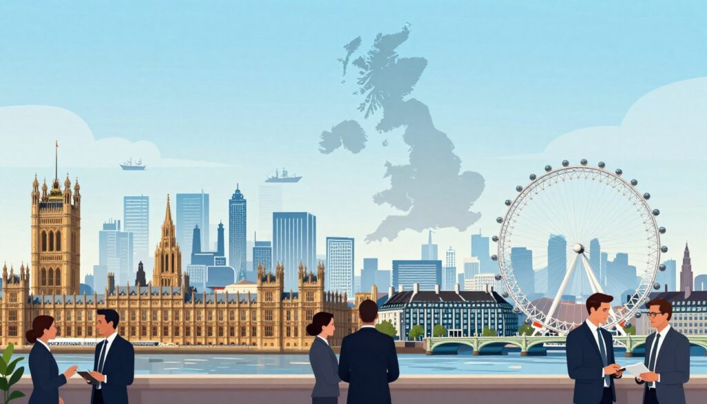 A vibrant and detailed illustration showcasing the economy of Great Britain. In the foreground, depict a bustling cityscape of London, with iconic landmarks like the Houses of Parliament and the London Eye, filled with business professionals in suits engaging in discussions. In the middle ground, show a blend of diverse industries such as finance, technology, and manufacturing represented with silhouettes of factories and technology hubs. In the background, incorporate subtle elements of trade like ships in the Thames and a map of the British Isles subtly integrated into the skyline. The lighting should be bright and optimistic, conveying a sense of opportunity and strength. The composition should be dynamic, inviting viewers to appreciate the robust economic landscape of Great Britain in a professional and inspiring atmosphere. A vibrant and detailed illustration showcasing the economy of Great Britain. In the foreground, depict a bustling cityscape of London, with iconic landmarks like the Houses of Parliament and the London Eye, filled with business professionals in suits engaging in discussions. In the middle ground, show a blend of diverse industries such as finance, technology, and manufacturing represented with silhouettes of factories and technology hubs. In the background, incorporate subtle elements of trade like ships in the Thames and a map of the British Isles subtly integrated into the skyline. The lighting should be bright and optimistic, conveying a sense of opportunity and strength. The composition should be dynamic, inviting viewers to appreciate the robust economic landscape of Great Britain in a professional and inspiring atmosphere.