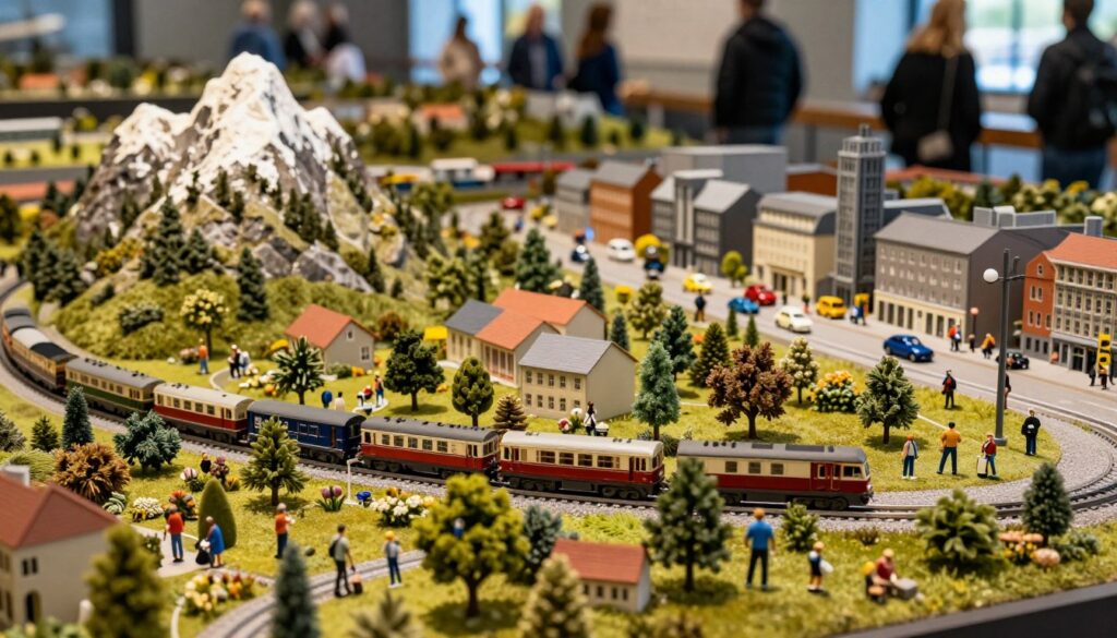 A vibrant and detailed scene of Miniatur Wunderland in Hamburg, showcasing its intricate model landscapes. In the foreground, a close-up view of miniature trains weaving through lush, meticulously crafted gardens and tiny, charming buildings, all populated by miniature figures dressed in casual attire, engaged in various activities. The middle ground features various themed sections like a mountainous region with snow-capped peaks beside a bustling city scene with miniature cars and pedestrians. In the background, soft lighting illuminates the entire display, mimicking a sunny afternoon, casting gentle shadows for depth. Capture the sense of wonder and joy as visitors explore this fantastical scale model world, immersing in the intricacies of travel and adventure. Use a slightly elevated angle to emphasize the scene's layout and vibrancy. A vibrant and detailed scene of Miniatur Wunderland in Hamburg, showcasing its intricate model landscapes. In the foreground, a close-up view of miniature trains weaving through lush, meticulously crafted gardens and tiny, charming buildings, all populated by miniature figures dressed in casual attire, engaged in various activities. The middle ground features various themed sections like a mountainous region with snow-capped peaks beside a bustling city scene with miniature cars and pedestrians. In the background, soft lighting illuminates the entire display, mimicking a sunny afternoon, casting gentle shadows for depth. Capture the sense of wonder and joy as visitors explore this fantastical scale model world, immersing in the intricacies of travel and adventure. Use a slightly elevated angle to emphasize the scene's layout and vibrancy.
