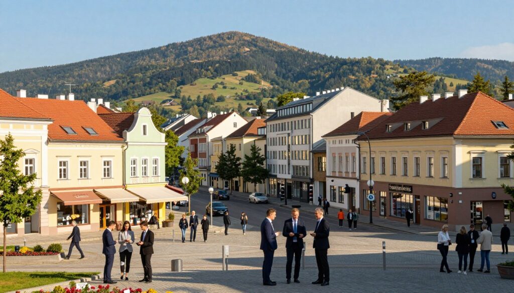 A vibrant and dynamic urban landscape depicting the economic potential of Gorlice in the Low Beskids. In the foreground, a bustling town square filled with professional individuals in business attire discussing investment opportunities, surrounded by modern shops and local businesses. The middle ground features a mix of traditional and contemporary architecture, including historical buildings alongside innovative office spaces, symbolizing growth and development. In the background, the picturesque hills of the Beskid Niski mountain range rising under a clear blue sky, bathed in warm sunlight that enhances the inviting mood. Use a slightly elevated angle to capture the essence of community and prosperity, with soft shadows that add depth to the scene. The atmosphere should feel optimistic and forward-looking, highlighting Gorlice as a center of opportunity. A vibrant and dynamic urban landscape depicting the economic potential of Gorlice in the Low Beskids. In the foreground, a bustling town square filled with professional individuals in business attire discussing investment opportunities, surrounded by modern shops and local businesses. The middle ground features a mix of traditional and contemporary architecture, including historical buildings alongside innovative office spaces, symbolizing growth and development. In the background, the picturesque hills of the Beskid Niski mountain range rising under a clear blue sky, bathed in warm sunlight that enhances the inviting mood. Use a slightly elevated angle to capture the essence of community and prosperity, with soft shadows that add depth to the scene. The atmosphere should feel optimistic and forward-looking, highlighting Gorlice as a center of opportunity.