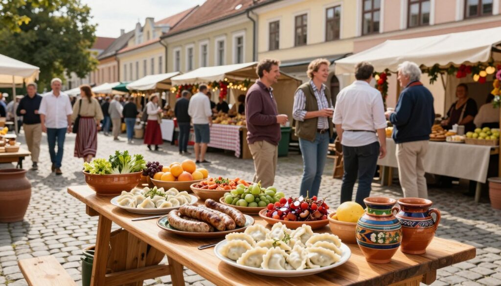 A vibrant and inviting scene showcasing the regional flavors of Sandomierz market. In the foreground, a beautifully arranged wooden table filled with an array of traditional Polish dishes, such as pierogi, kielbasa, and fresh fruits, surrounded by colorful, rustic pottery. In the middle ground, locals dressed in modest, casual clothing engage in cheerful conversations, creating a lively atmosphere. The background features the charming architecture of Sandomierz with its cobblestone streets and market stalls, adorned with seasonal decorations. Soft, warm sunlight bathes the scene, creating a welcoming ambiance. The composition should capture the essence of local culinary culture and community spirit in a picturesque setting. A vibrant and inviting scene showcasing the regional flavors of Sandomierz market. In the foreground, a beautifully arranged wooden table filled with an array of traditional Polish dishes, such as pierogi, kielbasa, and fresh fruits, surrounded by colorful, rustic pottery. In the middle ground, locals dressed in modest, casual clothing engage in cheerful conversations, creating a lively atmosphere. The background features the charming architecture of Sandomierz with its cobblestone streets and market stalls, adorned with seasonal decorations. Soft, warm sunlight bathes the scene, creating a welcoming ambiance. The composition should capture the essence of local culinary culture and community spirit in a picturesque setting.