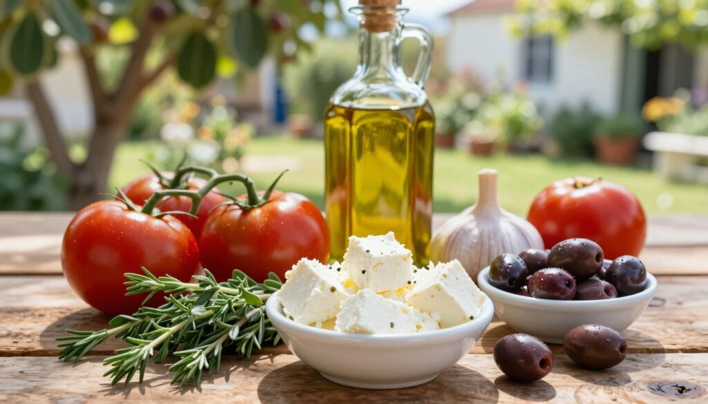 A vibrant arrangement of essential ingredients found in Greek cuisine, beautifully displayed on a rustic wooden table. In the foreground, focus on fresh, plump tomatoes, a handful of fragrant oregano, a small bowl of creamy feta cheese, and glistening Kalamata olives. The middle ground features a bottle of golden extra virgin olive oil and a head of garlic, hinting at the Mediterranean influence. In the background, softly blurred, a sunlit garden with fig trees and herbs adds a warm atmosphere. The scene is illuminated by natural sunlight, casting soft shadows, enhancing the freshness and colors of the ingredients. The overall mood is inviting and rich with the flavors of summer in Greece, perfect for evoking a sense of traditional Mediterranean cooking.
