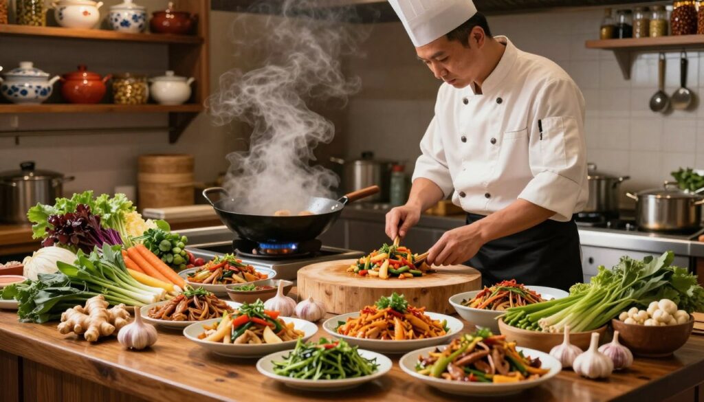 A vibrant, bustling Asian kitchen scene featuring a master chef in modest clothing skillfully preparing a variety of colorful Asian dishes. In the foreground, fresh ingredients like ginger, garlic, vibrant vegetables, and aromatic herbs are artfully arranged on a wooden chopping board. The middle ground showcases the chef at a stove, with sizzling woks and steam rising, creating an inviting atmosphere. In the background, shelves are lined with traditional Asian cookware and spices, further enhancing the cultural context. Soft, warm lighting illuminates the entire space, capturing the essence of culinary creativity. The overall mood is lively and inviting, conveying the rich flavors and experiences of Asian cuisine. A vibrant, bustling Asian kitchen scene featuring a master chef in modest clothing skillfully preparing a variety of colorful Asian dishes. In the foreground, fresh ingredients like ginger, garlic, vibrant vegetables, and aromatic herbs are artfully arranged on a wooden chopping board. The middle ground showcases the chef at a stove, with sizzling woks and steam rising, creating an inviting atmosphere. In the background, shelves are lined with traditional Asian cookware and spices, further enhancing the cultural context. Soft, warm lighting illuminates the entire space, capturing the essence of culinary creativity. The overall mood is lively and inviting, conveying the rich flavors and experiences of Asian cuisine.