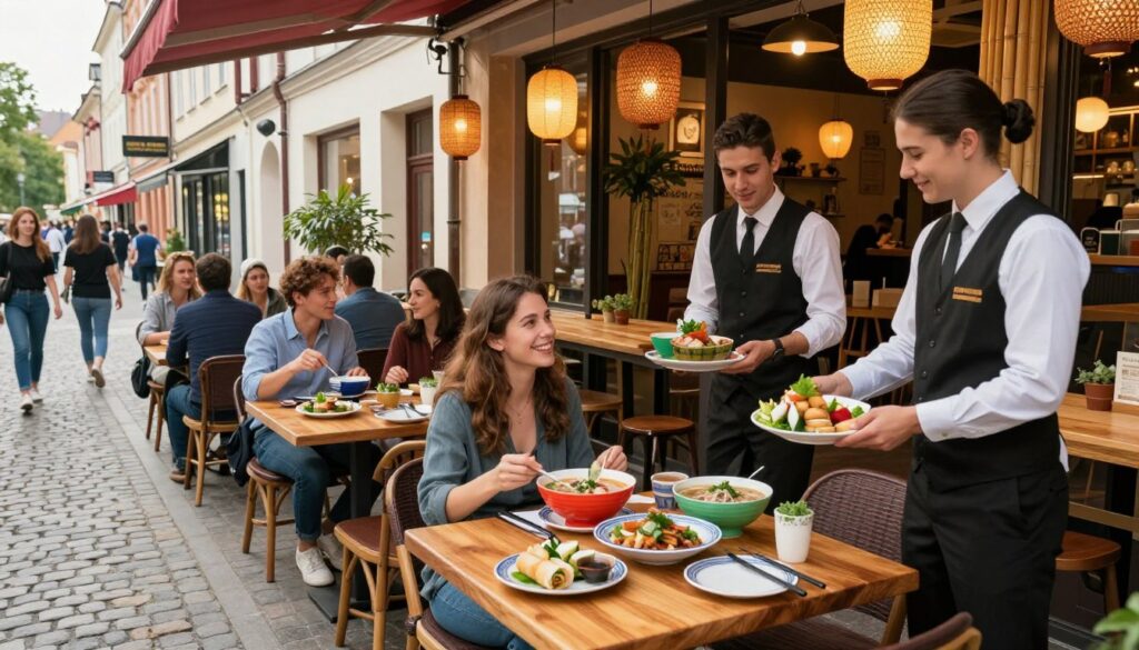 A vibrant, bustling scene of "Good Morning Vietnam" restaurant in Łódź. In the foreground, a stylish outdoor dining setup with wooden tables, adorned with colorful dishware showcasing Asian-inspired delicacies like pho and spring rolls. Waitstaff in professional attire serve customers who are smiling and engaged in conversation. The middle ground features the restaurant’s interior, with warm lighting highlighting traditional Vietnamese decor such as lanterns and bamboo accents. In the background, the trendy Piotrkowska street is visible, with people strolling and shops lining the cobblestone pathway. The atmosphere is lively and inviting, capturing the essence of cultural exploration through food. Soft, natural daylight streaming in creates an uplifting mood, enhancing the experience of this culinary adventure. A vibrant, bustling scene of "Good Morning Vietnam" restaurant in Łódź. In the foreground, a stylish outdoor dining setup with wooden tables, adorned with colorful dishware showcasing Asian-inspired delicacies like pho and spring rolls. Waitstaff in professional attire serve customers who are smiling and engaged in conversation. The middle ground features the restaurant’s interior, with warm lighting highlighting traditional Vietnamese decor such as lanterns and bamboo accents. In the background, the trendy Piotrkowska street is visible, with people strolling and shops lining the cobblestone pathway. The atmosphere is lively and inviting, capturing the essence of cultural exploration through food. Soft, natural daylight streaming in creates an uplifting mood, enhancing the experience of this culinary adventure.