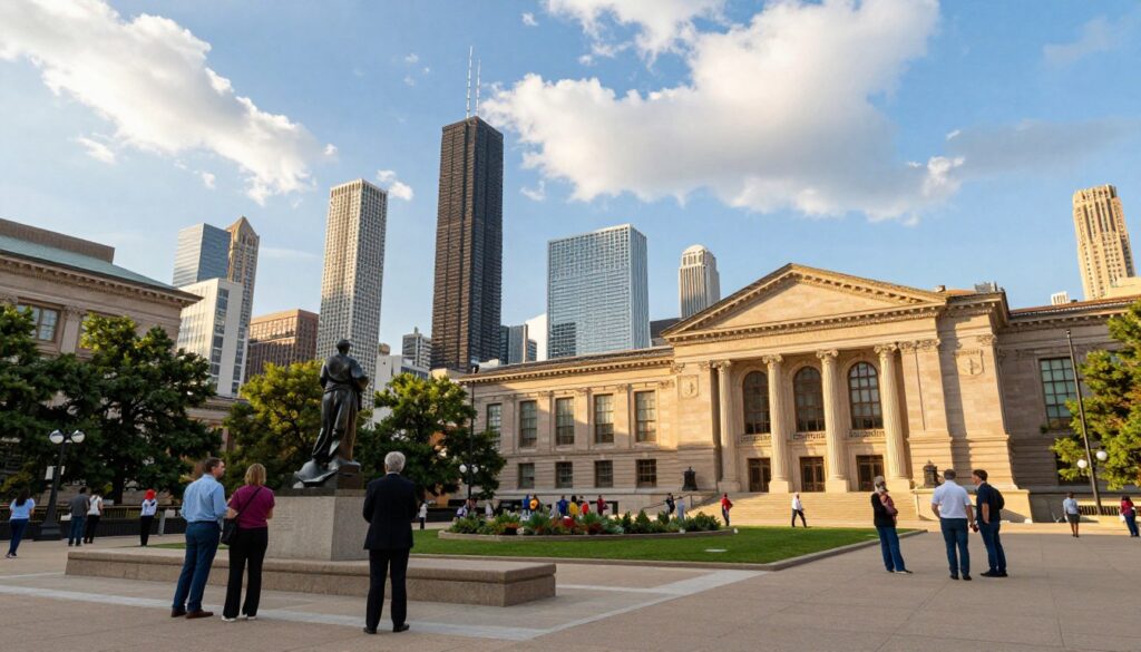 A vibrant city scene showcasing renowned museums in Chicago, such as the Art Institute and Museum of Science and Industry. In the foreground, visitors in professional attire admire impressive outdoor sculptures and architecture. The middle ground features the iconic skyline of Chicago, with tall buildings reflecting sunlight, and lush greenery surrounding the museums. In the background, a clear blue sky with soft, fluffy clouds elevates the mood, creating a sense of cultural exploration. Use warm, natural lighting to enhance the inviting atmosphere. Capture the angle from slightly below eye level to emphasize the grandeur of the buildings while giving a sense of scale to the museum visitors. Aim for a bright, optimistic tone that embodies the spirit of artistic and cultural discovery. A vibrant city scene showcasing renowned museums in Chicago, such as the Art Institute and Museum of Science and Industry. In the foreground, visitors in professional attire admire impressive outdoor sculptures and architecture. The middle ground features the iconic skyline of Chicago, with tall buildings reflecting sunlight, and lush greenery surrounding the museums. In the background, a clear blue sky with soft, fluffy clouds elevates the mood, creating a sense of cultural exploration. Use warm, natural lighting to enhance the inviting atmosphere. Capture the angle from slightly below eye level to emphasize the grandeur of the buildings while giving a sense of scale to the museum visitors. Aim for a bright, optimistic tone that embodies the spirit of artistic and cultural discovery.