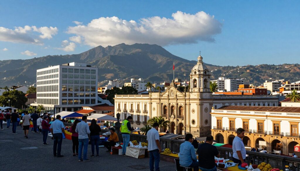 A vibrant cityscape of Guatemala City, the capital of Guatemala, showcasing its modern architecture alongside colonial buildings. In the foreground, a bustling market scene with locals in modest casual clothing, engaged in daily activities. The middle ground features the iconic Palacio Nacional, its grand façade highlighted by warm afternoon sunlight. The background reveals the dramatic silhouette of surrounding mountains under a bright blue sky, dotted with fluffy white clouds. The atmosphere is lively yet serene, reflecting the rich cultural history and urban lifestyle of the city. Capture this scene with a wide-angle lens to emphasize the scale and activity, accentuated by natural lighting to enhance colors and shadows. A vibrant cityscape of Guatemala City, the capital of Guatemala, showcasing its modern architecture alongside colonial buildings. In the foreground, a bustling market scene with locals in modest casual clothing, engaged in daily activities. The middle ground features the iconic Palacio Nacional, its grand façade highlighted by warm afternoon sunlight. The background reveals the dramatic silhouette of surrounding mountains under a bright blue sky, dotted with fluffy white clouds. The atmosphere is lively yet serene, reflecting the rich cultural history and urban lifestyle of the city. Capture this scene with a wide-angle lens to emphasize the scale and activity, accentuated by natural lighting to enhance colors and shadows.