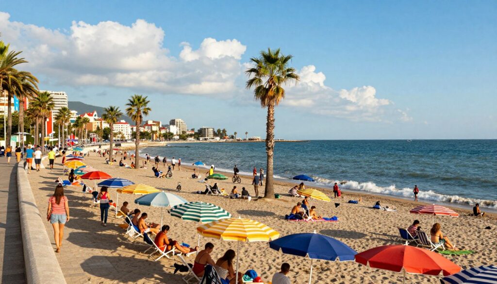 A vibrant coastal scene showcasing the attractions of Batumi, Georgia along the Black Sea. In the foreground, colorful beach umbrellas and families enjoying the sun create a lively atmosphere. The middle ground features the iconic Batumi Boulevard lined with palm trees, with visitors walking and cycling along the coast. The backdrop reveals the beautiful Black Sea, with gentle waves lapping at the shore under a bright blue sky dotted with fluffy white clouds. The scene is bathed in warm, golden sunlight, suggesting a pleasant summer day. Capture this lively ambiance with a wide-angle lens to emphasize the expansive view of the beach and the surrounding landscape, evoking a sense of excitement and relaxation. A vibrant coastal scene showcasing the attractions of Batumi, Georgia along the Black Sea. In the foreground, colorful beach umbrellas and families enjoying the sun create a lively atmosphere. The middle ground features the iconic Batumi Boulevard lined with palm trees, with visitors walking and cycling along the coast. The backdrop reveals the beautiful Black Sea, with gentle waves lapping at the shore under a bright blue sky dotted with fluffy white clouds. The scene is bathed in warm, golden sunlight, suggesting a pleasant summer day. Capture this lively ambiance with a wide-angle lens to emphasize the expansive view of the beach and the surrounding landscape, evoking a sense of excitement and relaxation.