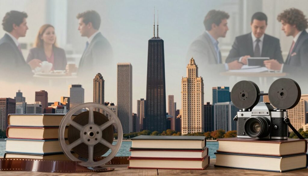 A vibrant collage depicting the essence of Chicago's literary and cinematic culture. In the foreground, stack iconic books by famous Chicago authors alongside vintage film reels and a classic film camera. The middle ground showcases a stylized representation of the Chicago skyline, featuring recognizable landmarks like the Willis Tower and the Tribune Building, bathed in warm golden hour light. In the background, soft-focus scenes of a bustling urban life, with people in professional attire engaging in discussions, evoke a sense of creativity and inspiration. The overall mood should be an inviting blend of nostalgia and modernity, illustrating how literature and film intertwine with the essence of Chicago. The composition captures the depth of the city's artistic legacy, with a serene atmosphere that encourages exploration. A vibrant collage depicting the essence of Chicago's literary and cinematic culture. In the foreground, stack iconic books by famous Chicago authors alongside vintage film reels and a classic film camera. The middle ground showcases a stylized representation of the Chicago skyline, featuring recognizable landmarks like the Willis Tower and the Tribune Building, bathed in warm golden hour light. In the background, soft-focus scenes of a bustling urban life, with people in professional attire engaging in discussions, evoke a sense of creativity and inspiration. The overall mood should be an inviting blend of nostalgia and modernity, illustrating how literature and film intertwine with the essence of Chicago. The composition captures the depth of the city's artistic legacy, with a serene atmosphere that encourages exploration.