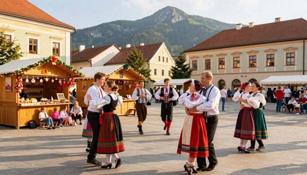 A vibrant cultural event taking place in Lądek-Zdrój, capturing the lively atmosphere of the town square. In the foreground, a diverse group of people dressed in colorful traditional attire engages in dance and music, showcasing their cultural heritage. In the middle ground, wooden stalls adorned with festive decorations display local crafts and food, while families and tourists enjoy the bustling scene. In the background, picturesque, historic buildings frame the square, with the scenic mountains rising majestically. The image is bathed in warm, golden sunlight, creating an inviting and joyous mood. A shallow depth of field focuses on the lively activities, while a slight tilt-angle adds dynamism to the composition.
