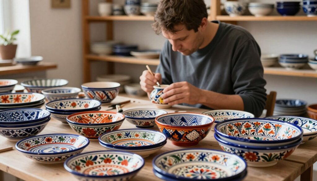 A vibrant display of Bolesławiec ceramics, showcasing intricate patterns and vibrant colors typical of this renowned Polish pottery. In the foreground, an assortment of hand-painted ceramic bowls and dishes, their ornate designs reflecting traditional folk art with floral motifs and geometric shapes. In the middle ground, a craftsman in modest clothing carefully paints a piece, surrounded by tools and more finished ceramics, depicting the artistry involved. The background features a quaint workshop setting with wooden shelves lined with additional pottery, all bathed in warm, soft natural light. The atmosphere is inviting and celebrates the rich cultural heritage of Bolesławiec ceramics, evoking a sense of tradition and craftsmanship. The image is captured with a shallow depth of field, emphasizing the foreground while delightfully blurring the background elements.