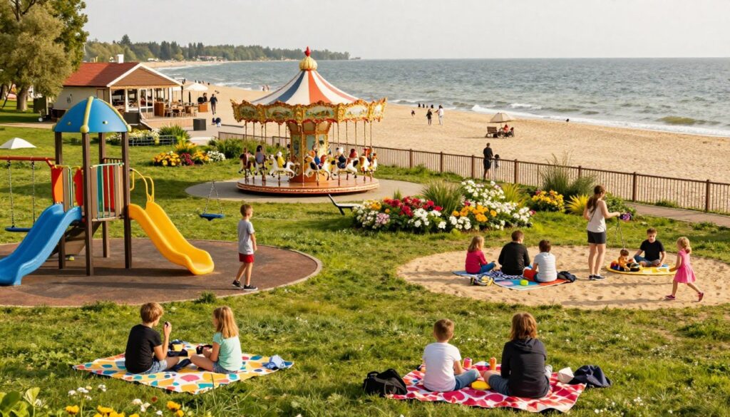 A vibrant family-friendly scene in a seaside park in Jastrzębia Góra, showcasing a variety of fun activities for children and parents. In the foreground, a diverse group of families can be seen engaging in games, picnicking on colorful blankets, and children playing on a playground with slides and swings. In the middle ground, a small carousel spins with kids laughing joyfully, surrounded by blooming flowers and greenery. The background features a beautiful sandy beach with gentle waves lapping the shore, and an inviting boardwalk lined with charming cafes. The scene is bathed in warm, golden sunlight, enhancing the cheerful atmosphere. Capture this lively moment from a slightly elevated angle to emphasize the bustling family activities and the natural beauty around them. A vibrant family-friendly scene in a seaside park in Jastrzębia Góra, showcasing a variety of fun activities for children and parents. In the foreground, a diverse group of families can be seen engaging in games, picnicking on colorful blankets, and children playing on a playground with slides and swings. In the middle ground, a small carousel spins with kids laughing joyfully, surrounded by blooming flowers and greenery. The background features a beautiful sandy beach with gentle waves lapping the shore, and an inviting boardwalk lined with charming cafes. The scene is bathed in warm, golden sunlight, enhancing the cheerful atmosphere. Capture this lively moment from a slightly elevated angle to emphasize the bustling family activities and the natural beauty around them.