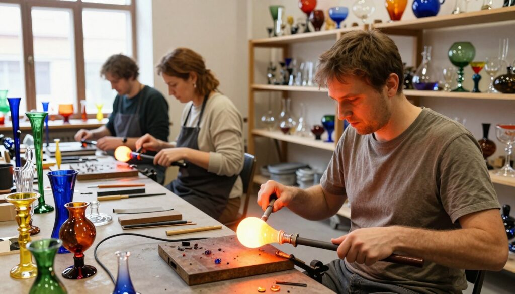 A vibrant glass workshop scene at Huta Julia, showcasing artisans engaged in the intricate process of hand-blown glassmaking. In the foreground, a skilled craftsman, wearing modest casual clothing, expertly shapes a glowing piece of molten glass with a blowpipe, surrounded by colorful glassworks and tools. In the middle ground, additional artisans collaborate, creating various artistic glass pieces under warm, natural light streaming through large windows, highlighting the textures of glass and wood. The background features shelves stocked with beautifully crafted glassware, reflecting the rich culture of artistic craftsmanship. The mood is one of creativity and dedication, with an inviting atmosphere that represents the essence of traditional craftsmanship in Szklarska Poręba.