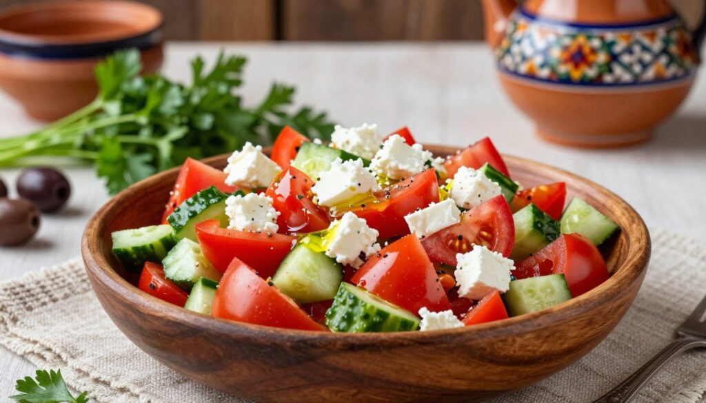 A vibrant image of a traditional Bulgarian Shopska salad served in a rustic wooden bowl, glistening with fresh ingredients. In the foreground, display a colorful array of diced tomatoes, cucumbers, and bell peppers, topped with crumbled white cheese and a drizzle of olive oil. The middle ground features a scattering of fresh herbs like parsley and a few olives, enhancing the dish's appeal. The background shows a beautifully set table with a rough linen tablecloth and traditional Bulgarian pottery, softly illuminated by warm, natural lighting. Capture the atmosphere of a cozy Balkan meal, inviting and homely, with a focus on freshness and authenticity. A vibrant image of a traditional Bulgarian Shopska salad served in a rustic wooden bowl, glistening with fresh ingredients. In the foreground, display a colorful array of diced tomatoes, cucumbers, and bell peppers, topped with crumbled white cheese and a drizzle of olive oil. The middle ground features a scattering of fresh herbs like parsley and a few olives, enhancing the dish's appeal. The background shows a beautifully set table with a rough linen tablecloth and traditional Bulgarian pottery, softly illuminated by warm, natural lighting. Capture the atmosphere of a cozy Balkan meal, inviting and homely, with a focus on freshness and authenticity.