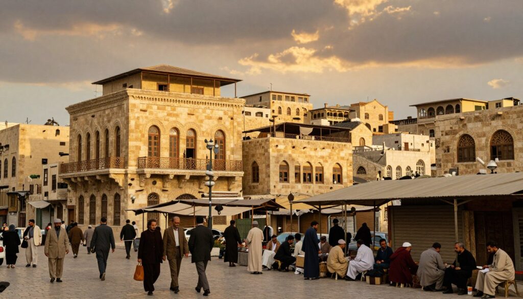 A vibrant interwar cityscape of Aleppo, highlighting a blend of colonial architecture and local heritage. In the foreground, bustling streets filled with modestly clothed people going about their daily lives, engaging in commerce and conversation, reflecting the diverse culture. The middle ground features detailed buildings showcasing French colonial influence, with ornamental balconies and arched windows. In the background, a dramatic sky during golden hour casts warm light over the city, enhancing the textures of the stone and brickwork. Capture a sense of nostalgia and historical significance, with soft shadows adding depth. Use a wide-angle lens to encompass the dynamic urban scene, conveying an atmosphere of everyday life during a pivotal historical period.