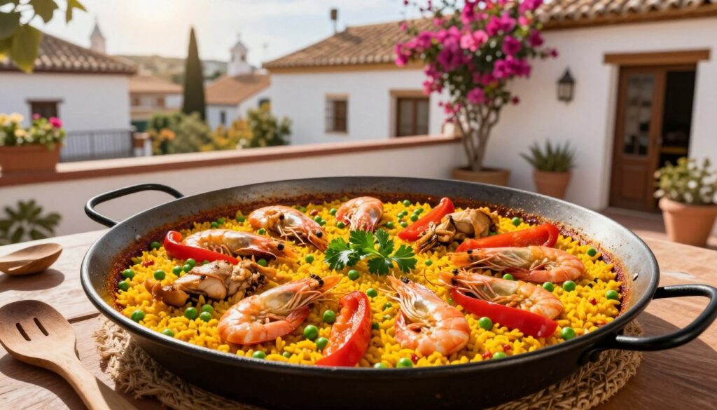 A vibrant, inviting scene of a traditional Spanish paella cooked in a large, black paellera, placed in the foreground. The paella features a colorful array of ingredients: succulent shrimp, tender chicken pieces, bright yellow saffron-infused rice, green peas, and slices of red bell pepper. Surrounding the dish are rustic wooden utensils and a sprig of fresh parsley for garnish. In the middle ground, a sun-drenched Valencia terrace with a backdrop of whitewashed buildings and blooming bougainvillea creates a warm, Mediterranean atmosphere. Soft, golden sunlight casts gentle shadows, enhancing the dish's rich colors. The scene breathes a festive, communal spirit, perfect for illustrating Spanish culinary pride. Capture this scene with a slight overhead angle to emphasize the vibrant textures and colors. A vibrant, inviting scene of a traditional Spanish paella cooked in a large, black paellera, placed in the foreground. The paella features a colorful array of ingredients: succulent shrimp, tender chicken pieces, bright yellow saffron-infused rice, green peas, and slices of red bell pepper. Surrounding the dish are rustic wooden utensils and a sprig of fresh parsley for garnish. In the middle ground, a sun-drenched Valencia terrace with a backdrop of whitewashed buildings and blooming bougainvillea creates a warm, Mediterranean atmosphere. Soft, golden sunlight casts gentle shadows, enhancing the dish's rich colors. The scene breathes a festive, communal spirit, perfect for illustrating Spanish culinary pride. Capture this scene with a slight overhead angle to emphasize the vibrant textures and colors.
