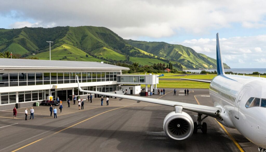 A vibrant scene capturing São Miguel Airport in the Azores from a slightly elevated angle. In the foreground, a sleek airplane with its engines gleaming, preparing for takeoff. The middle ground showcases the modern terminal building, with travelers milling about, some engaged in conversation while waiting for flights, dressed in professional business attire and modest casual clothing. Lush green hills and the distant coastline of São Miguel serve as the backdrop, illuminated by soft, natural sunlight breaking through scattered clouds. The atmosphere is lively yet serene, conveying the excitement of travel and exploration, ideal for capturing the essence of this stunning archipelago. A vibrant scene capturing São Miguel Airport in the Azores from a slightly elevated angle. In the foreground, a sleek airplane with its engines gleaming, preparing for takeoff. The middle ground showcases the modern terminal building, with travelers milling about, some engaged in conversation while waiting for flights, dressed in professional business attire and modest casual clothing. Lush green hills and the distant coastline of São Miguel serve as the backdrop, illuminated by soft, natural sunlight breaking through scattered clouds. The atmosphere is lively yet serene, conveying the excitement of travel and exploration, ideal for capturing the essence of this stunning archipelago.