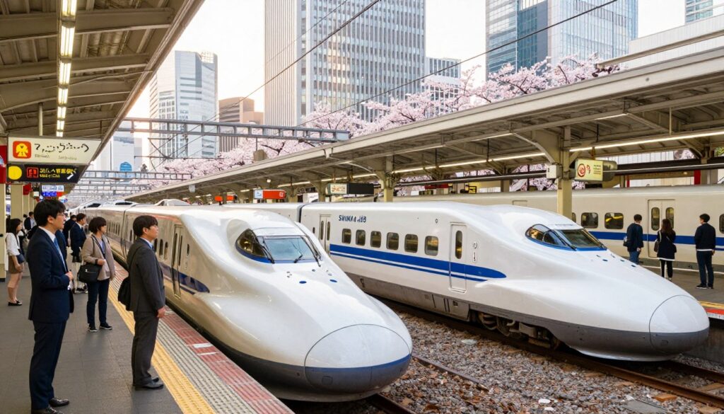 A vibrant scene depicting a bustling Japanese train station showcasing connections between various train lines, including Shinkansen (bullet trains) and local commuter trains. The foreground features sleek, modern trains lined up, with passengers in professional business attire and modest casual clothing waiting eagerly on the platforms. The middle ground displays clear signage in both Japanese and English, directing travelers to different destinations. The background is filled with towering skyscrapers and cherry blossom trees, hinting at the iconic Tokyo skyline. Soft, warm sunlight filters through the station's large glass windows, creating an inviting atmosphere, while the overall mood reflects excitement and anticipation for travel, capturing the essence of Tokyo's efficient rail system. A vibrant scene depicting a bustling Japanese train station showcasing connections between various train lines, including Shinkansen (bullet trains) and local commuter trains. The foreground features sleek, modern trains lined up, with passengers in professional business attire and modest casual clothing waiting eagerly on the platforms. The middle ground displays clear signage in both Japanese and English, directing travelers to different destinations. The background is filled with towering skyscrapers and cherry blossom trees, hinting at the iconic Tokyo skyline. Soft, warm sunlight filters through the station's large glass windows, creating an inviting atmosphere, while the overall mood reflects excitement and anticipation for travel, capturing the essence of Tokyo's efficient rail system.