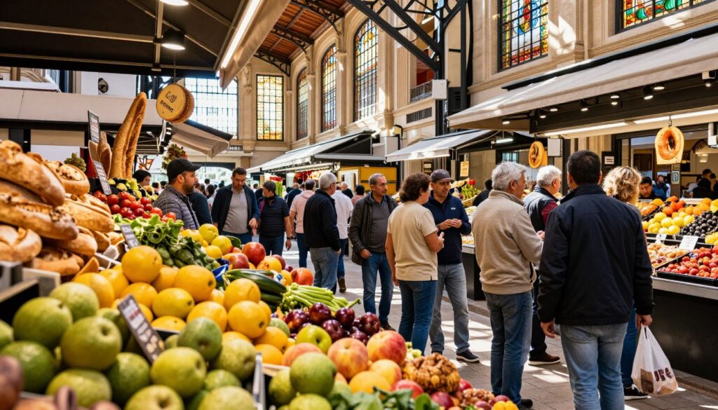 A vibrant scene inside the Mercado Central in Valencia, showcasing a bustling atmosphere filled with colorful stalls. In the foreground, a variety of fresh fruits and vegetables, along with artisanal breads, are artistically arranged. In the middle ground, local vendors wearing modest casual clothing enthusiastically interact with customers, creating a warm, inviting ambiance. The background features the stunning, intricate architecture of the market with its stained glass windows and high ceilings. Natural sunlight streams in, casting gentle shadows and enhancing the lively colors. The angle captures the market’s depth, inviting the viewer to immerse in the experience of discovering local cuisine. Overall, the mood is cheerful, dynamic, and reflective of a traditional Spanish market setting. A vibrant scene inside the Mercado Central in Valencia, showcasing a bustling atmosphere filled with colorful stalls. In the foreground, a variety of fresh fruits and vegetables, along with artisanal breads, are artistically arranged. In the middle ground, local vendors wearing modest casual clothing enthusiastically interact with customers, creating a warm, inviting ambiance. The background features the stunning, intricate architecture of the market with its stained glass windows and high ceilings. Natural sunlight streams in, casting gentle shadows and enhancing the lively colors. The angle captures the market’s depth, inviting the viewer to immerse in the experience of discovering local cuisine. Overall, the mood is cheerful, dynamic, and reflective of a traditional Spanish market setting.