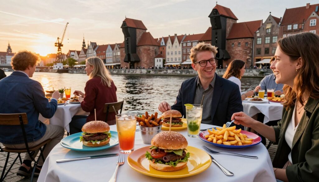 A vibrant scene showcasing classic American dishes along the picturesque Motława River in Gdańsk. In the foreground, a beautifully arranged table features mouth-watering hamburgers, crispy fries, and a variety of refreshing drinks. Brightly colored plates and stylish utensils add to the visual appeal. In the middle ground, people in smart casual attire enjoy their meals while laughing and talking, capturing a lively atmosphere. The background reveals the stunning architecture of Gdańsk, with charming historic buildings and the iconic crane on the waterfront. The sun sets in the sky, casting a warm golden hue over the scene, creating a welcoming and nostalgic ambiance. Use a wide-angle lens to capture the bustling vibe while ensuring details are crisp and well-lit.