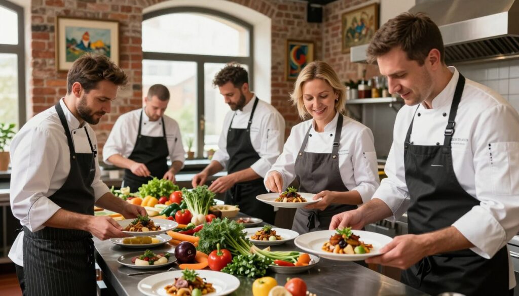 A vibrant scene showcasing renowned chefs in a bustling Krakow kitchen, highlighted by their passionate expressions and dynamic movements. In the foreground, two chefs, one male and one female, are seen plating exquisite regional dishes, wearing crisp white chef coats and stylish aprons. In the middle ground, a diverse team of chefs collaborates among fresh ingredients, colorful vegetables, and traditional Polish herbs, emphasizing teamwork and creativity. The background reveals a rustic brick wall adorned with local artwork, large windows allowing natural light to flood the space, creating a warm and inviting atmosphere. The scene captures the essence of Krakow's culinary culture, with a focus on craftsmanship, tradition, and passion for food. The lighting is soft, with warm tones highlighting the chefs' dedication and artistry.