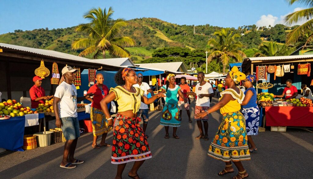 A vibrant scene showcasing the culture and daily life of the residents of Martinique. In the foreground, a small group of men and women dressed in colorful, traditional attire engage in a lively dance, demonstrating their joyous spirit. The middle ground features a bustling market with stalls overflowing with tropical fruits, handmade crafts, and local delicacies, as shoppers exchange friendly banter. In the background, lush green hills rise under a clear blue sky, dotted with palm trees. The afternoon sunlight casts a warm golden glow over the scene, enhancing the vibrant colors and creating a welcoming atmosphere. The angle captures a sense of community and celebration, embodying the rich cultural tapestry of this Caribbean island.