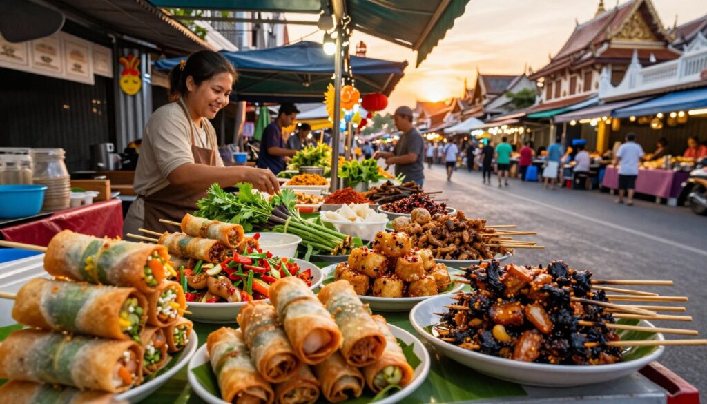 A vibrant street food scene capturing a variety of Thai snacks. In the foreground, an array of colorful street food dishes: crispy spring rolls, spicy fish cakes, and fragrant grilled skewers on bamboo sticks. The middle ground features a bustling market stall adorned with fresh herbs and spices, where a vendor, dressed in modest casual clothing, prepares food with a welcoming smile. The background displays a lively Thai street, illuminated by warm, golden light during sunset, with traditional Thai architecture and colorful decorations enhancing the atmosphere. Capture the rich textures and vibrant colors of the food, emphasizing an inviting sense of community and culinary adventure, utilizing a wide-angle lens for depth. A vibrant street food scene capturing a variety of Thai snacks. In the foreground, an array of colorful street food dishes: crispy spring rolls, spicy fish cakes, and fragrant grilled skewers on bamboo sticks. The middle ground features a bustling market stall adorned with fresh herbs and spices, where a vendor, dressed in modest casual clothing, prepares food with a welcoming smile. The background displays a lively Thai street, illuminated by warm, golden light during sunset, with traditional Thai architecture and colorful decorations enhancing the atmosphere. Capture the rich textures and vibrant colors of the food, emphasizing an inviting sense of community and culinary adventure, utilizing a wide-angle lens for depth.