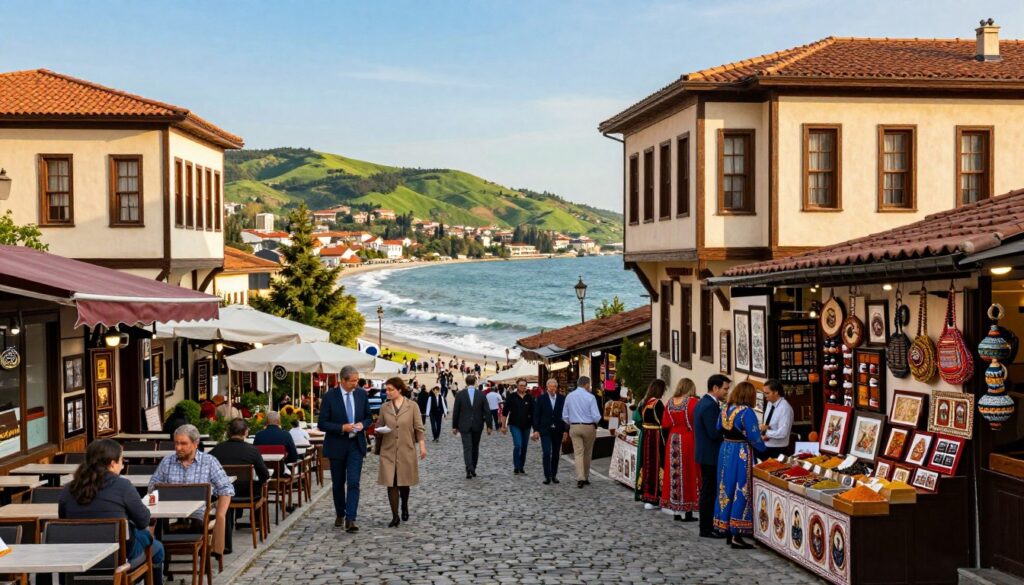 A vibrant street in Batumi, showcasing its rich cultural history, with stunning Georgian architecture blending with influences from various cultures. In the foreground, a cobblestone street lined with cafés and shops displaying local art. In the middle ground, a bustling market scene with people in professional attire and colorful traditional clothing engaging with vendors selling spices and handicrafts. The background features the picturesque coastline of the Black Sea, with waves gently lapping at the shore and lush green hills rising in the distance under a clear blue sky. Soft, warm lighting casts a golden hue over the scene, evoking a sense of nostalgia and cultural fusion. The overall mood is inviting and lively, capturing the essence of Batumi’s historical and cultural complexity. A vibrant street in Batumi, showcasing its rich cultural history, with stunning Georgian architecture blending with influences from various cultures. In the foreground, a cobblestone street lined with cafés and shops displaying local art. In the middle ground, a bustling market scene with people in professional attire and colorful traditional clothing engaging with vendors selling spices and handicrafts. The background features the picturesque coastline of the Black Sea, with waves gently lapping at the shore and lush green hills rising in the distance under a clear blue sky. Soft, warm lighting casts a golden hue over the scene, evoking a sense of nostalgia and cultural fusion. The overall mood is inviting and lively, capturing the essence of Batumi’s historical and cultural complexity.