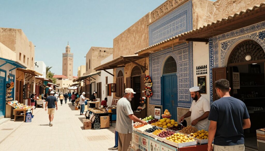 A vibrant, sunlit scene of Houmt Souk, the bustling heart of Djerba, featuring colorful traditional buildings adorned with intricate blue and white tiles. In the foreground, a lively market stall displaying local handicrafts, fruits, and spices, with a friendly local vendor in modest casual clothing engaging with a visitor. The middle ground showcases narrow, winding streets lined with charming shops, while the background reveals the iconic mosque with a light blue sky overhead. Soft, warm lighting casts inviting shadows that enhance the lively atmosphere, evoking the essence of a summer day in Djerba. The image captures the cultural richness and vibrant life of Houmt Souk. A vibrant, sunlit scene of Houmt Souk, the bustling heart of Djerba, featuring colorful traditional buildings adorned with intricate blue and white tiles. In the foreground, a lively market stall displaying local handicrafts, fruits, and spices, with a friendly local vendor in modest casual clothing engaging with a visitor. The middle ground showcases narrow, winding streets lined with charming shops, while the background reveals the iconic mosque with a light blue sky overhead. Soft, warm lighting casts inviting shadows that enhance the lively atmosphere, evoking the essence of a summer day in Djerba. The image captures the cultural richness and vibrant life of Houmt Souk.