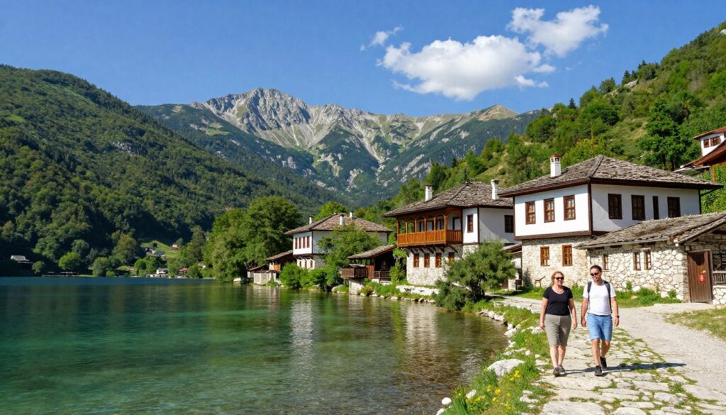 A vibrant travel scene depicting a picturesque landscape of North Macedonia in the foreground, featuring a serene lakeside view with crystal-clear waters surrounded by lush green hills. In the middle ground, showcase traditional Macedonian architecture, with rustic stone houses and colorful wooden balconies. Incorporate a couple of travelers dressed in modest casual clothing, joyfully exploring the area, capturing the spirit of adventure. The background should feature the majestic peaks of the central Balkan mountains under a bright blue sky, with a few wispy clouds. Use natural lighting to create a warm, inviting atmosphere that evokes a sense of wanderlust. The image should be framed with a slight wide-angle perspective, emphasizing the beauty of the scenery while ensuring a harmonious composition. A vibrant travel scene depicting a picturesque landscape of North Macedonia in the foreground, featuring a serene lakeside view with crystal-clear waters surrounded by lush green hills. In the middle ground, showcase traditional Macedonian architecture, with rustic stone houses and colorful wooden balconies. Incorporate a couple of travelers dressed in modest casual clothing, joyfully exploring the area, capturing the spirit of adventure. The background should feature the majestic peaks of the central Balkan mountains under a bright blue sky, with a few wispy clouds. Use natural lighting to create a warm, inviting atmosphere that evokes a sense of wanderlust. The image should be framed with a slight wide-angle perspective, emphasizing the beauty of the scenery while ensuring a harmonious composition.