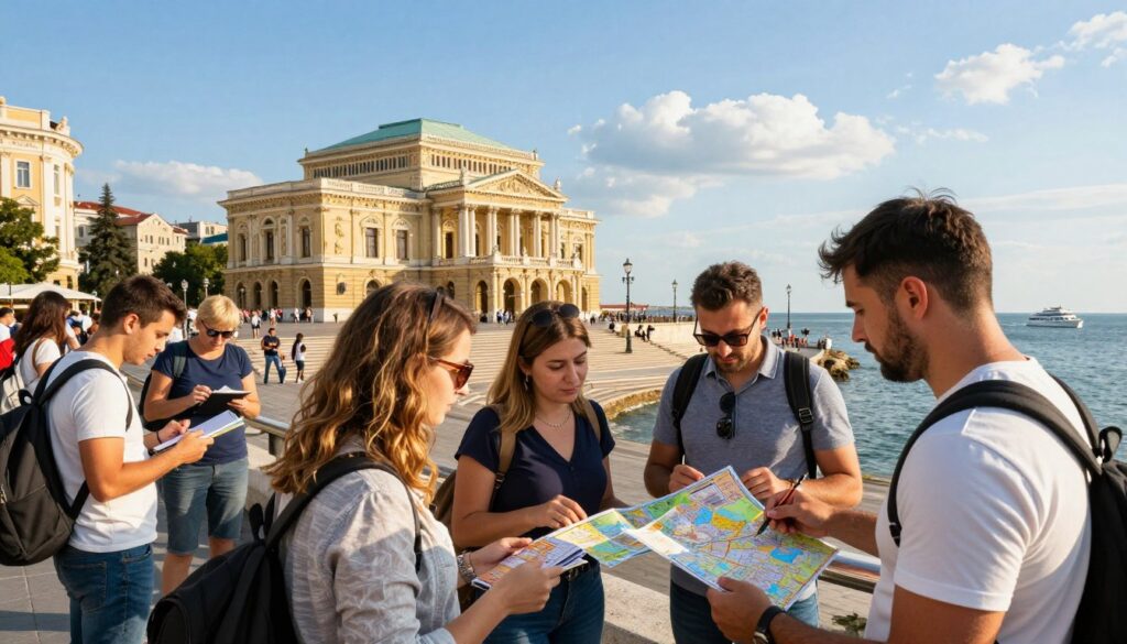 A vibrant travel scene depicting practical tips for tourists visiting Odessa, Ukraine. In the foreground, a diverse group of tourists, dressed in smart casual clothing, are examining a colorful travel map and taking notes. In the middle ground, iconic Odessa architecture stands out, such as the Potemkin Steps and the Opera House, bathed in warm afternoon sunlight. The background shows the shimmering Black Sea with boats gently floating. The atmosphere conveys excitement and curiosity, with a clear blue sky and soft, inviting clouds. The image should have a slightly elevated angle to capture both the tourists' interaction and the stunning cityscape, ensuring a dynamic composition that encourages exploration and adventure.