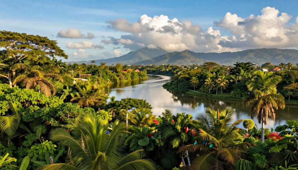 A vibrant tropical landscape depicting Panama's unique climate, featuring lush rainforests with diverse flora and fauna in the foreground, including palm trees and colorful birds. In the middle ground, a calm canal reflecting the skies, showcasing the connectivity Panama offers. The background should highlight the distant mountains under a bright blue sky interspersed with fluffy white clouds, exemplifying the best time to travel to Panama. The lighting is warm and inviting, casting soft shadows that enhance the lush greenery. The scene captures a serene, vibrant atmosphere, perfect for travelers seeking adventure and relaxation in this remarkable destination. A vibrant tropical landscape depicting Panama's unique climate, featuring lush rainforests with diverse flora and fauna in the foreground, including palm trees and colorful birds. In the middle ground, a calm canal reflecting the skies, showcasing the connectivity Panama offers. The background should highlight the distant mountains under a bright blue sky interspersed with fluffy white clouds, exemplifying the best time to travel to Panama. The lighting is warm and inviting, casting soft shadows that enhance the lush greenery. The scene captures a serene, vibrant atmosphere, perfect for travelers seeking adventure and relaxation in this remarkable destination.