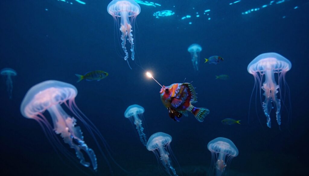 A vibrant underwater scene depicting life in the Mariana Trench, featuring bioluminescent creatures such as jellyfish and deep-sea fish illuminating the dark surroundings. In the foreground, a swarm of translucent, glowing jellyfish gently floating, their tentacles trailing behind them. The middle ground shows diverse deep-sea life, including a downwards view of a mysterious, colorful anglerfish lurking, with its bioluminescent lure attracting smaller fish. The background fades into an abyssal darkness, punctuated by faint streaks of light filtering through the ocean surface above. The atmosphere is surreal and slightly eerie, with a deep blue tint, suggesting the mystery of the ocean depths while capturing the beauty of this unique ecosystem. The image should have a soft focus and a wide-angle perspective, enhancing the sense of depth and immersion. A vibrant underwater scene depicting life in the Mariana Trench, featuring bioluminescent creatures such as jellyfish and deep-sea fish illuminating the dark surroundings. In the foreground, a swarm of translucent, glowing jellyfish gently floating, their tentacles trailing behind them. The middle ground shows diverse deep-sea life, including a downwards view of a mysterious, colorful anglerfish lurking, with its bioluminescent lure attracting smaller fish. The background fades into an abyssal darkness, punctuated by faint streaks of light filtering through the ocean surface above. The atmosphere is surreal and slightly eerie, with a deep blue tint, suggesting the mystery of the ocean depths while capturing the beauty of this unique ecosystem. The image should have a soft focus and a wide-angle perspective, enhancing the sense of depth and immersion.