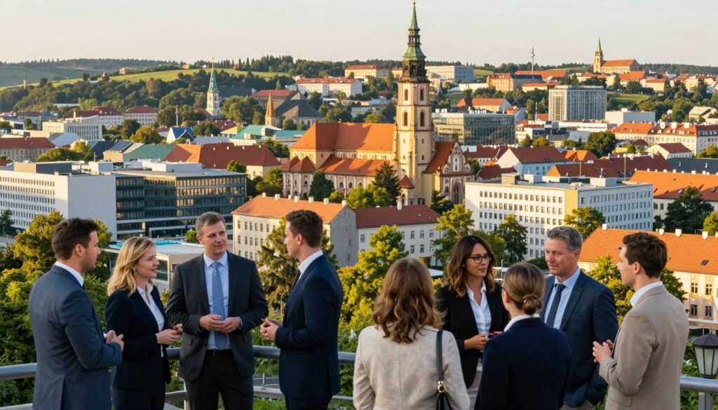 A vibrant urban landscape showcasing the demographic essence of Radom, Poland. In the foreground, a diverse group of well-dressed professionals engaged in conversation, symbolizing the city’s economic potential and community spirit. The middle ground features a modern cityscape with a mix of historical and contemporary architecture, including notable landmarks like the Radom Cathedral. In the background, gentle hills and lush greenery highlight the city's natural surroundings, conveying a sense of tranquility. The scene is bathed in warm, golden hour lighting, creating a welcoming and optimistic atmosphere. The perspective is slightly elevated, allowing for a panoramic view that emphasizes both the city's vibrancy and its demographic diversity. The composition is lively yet professional, perfectly capturing the essence of Radom's potential. A vibrant urban landscape showcasing the demographic essence of Radom, Poland. In the foreground, a diverse group of well-dressed professionals engaged in conversation, symbolizing the city’s economic potential and community spirit. The middle ground features a modern cityscape with a mix of historical and contemporary architecture, including notable landmarks like the Radom Cathedral. In the background, gentle hills and lush greenery highlight the city's natural surroundings, conveying a sense of tranquility. The scene is bathed in warm, golden hour lighting, creating a welcoming and optimistic atmosphere. The perspective is slightly elevated, allowing for a panoramic view that emphasizes both the city's vibrancy and its demographic diversity. The composition is lively yet professional, perfectly capturing the essence of Radom's potential.
