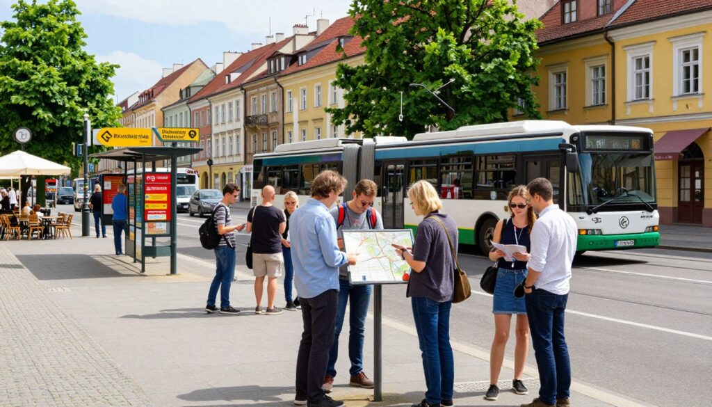 A vibrant urban scene in Bolesławiec, Poland, showcasing a well-organized public transport system. In the foreground, a diverse group of people in modest casual clothing are consulting a city map and looking at public transport options like buses and trams. The middle ground features a bustling street with colorful shops and cafes, alongside modern bus stops with clear signage. In the background, traditional Polish architecture and lush green trees create a lively atmosphere. The lighting is bright and cheerful, reminiscent of a sunny day, with a wide-angle perspective highlighting the city's accessibility. Overall, the mood is inviting and dynamic, emphasizing both local culture and transport efficiency.