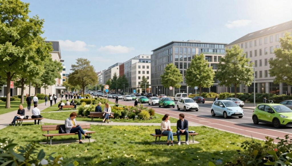 A vibrant urban scene in Stuttgart, showcasing eco-zones within the city. In the foreground, a well-manicured green park with trees and benches where people of diverse backgrounds are enjoying the environment, clad in professional business attire. The middle ground features city streets lined with electric vehicles and bike lanes, emphasizing eco-friendly transportation. In the background, a panoramic view of Stuttgart's architecture, with modern buildings interspersed with greenery, under a clear blue sky. Soft, natural lighting highlights the scene, with a slight lens flaring effect, creating an inviting atmosphere. The overall mood is peaceful and inspiring, reflecting a commitment to sustainable urban living. A vibrant urban scene in Stuttgart, showcasing eco-zones within the city. In the foreground, a well-manicured green park with trees and benches where people of diverse backgrounds are enjoying the environment, clad in professional business attire. The middle ground features city streets lined with electric vehicles and bike lanes, emphasizing eco-friendly transportation. In the background, a panoramic view of Stuttgart's architecture, with modern buildings interspersed with greenery, under a clear blue sky. Soft, natural lighting highlights the scene, with a slight lens flaring effect, creating an inviting atmosphere. The overall mood is peaceful and inspiring, reflecting a commitment to sustainable urban living.