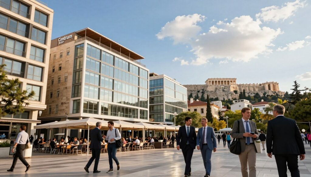 A vibrant urban scene of "Centrum Aten" in modern Athens, showcasing contemporary architecture blended with ancient elements. In the foreground, lively street life with people in professional business attire casually walking, engaged in conversation. The middle layer features iconic structures like sleek glass buildings and open-air cafés, emphasizing the fusion of history and modernity. In the background, the Acropolis subtly rises against the skyline, bathed in warm afternoon sunlight. The scene is captured from a low angle to emphasize the grandeur, with a focus on a clear blue sky dotted with fluffy clouds. The mood is energetic and welcoming, reflecting the dynamic spirit of the Greek metropolis. A vibrant urban scene of "Centrum Aten" in modern Athens, showcasing contemporary architecture blended with ancient elements. In the foreground, lively street life with people in professional business attire casually walking, engaged in conversation. The middle layer features iconic structures like sleek glass buildings and open-air cafés, emphasizing the fusion of history and modernity. In the background, the Acropolis subtly rises against the skyline, bathed in warm afternoon sunlight. The scene is captured from a low angle to emphasize the grandeur, with a focus on a clear blue sky dotted with fluffy clouds. The mood is energetic and welcoming, reflecting the dynamic spirit of the Greek metropolis.