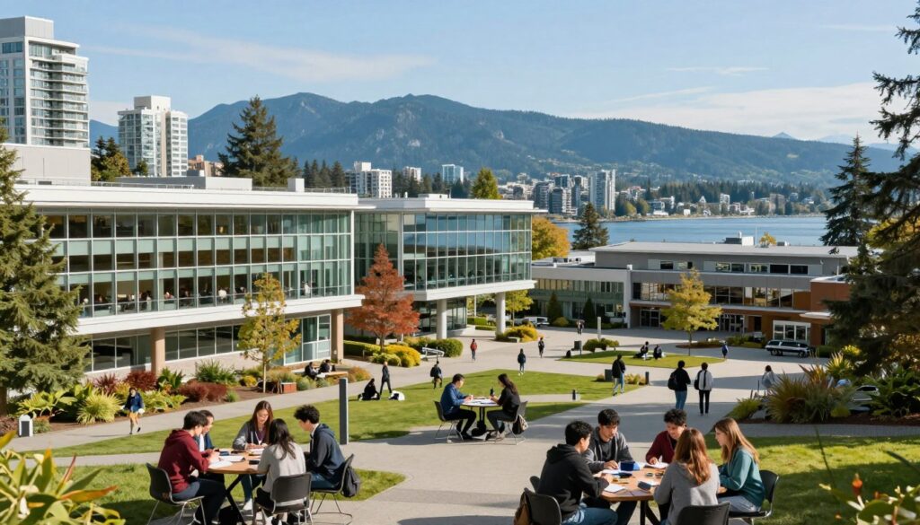 A vibrant urban scene showcasing education in Vancouver, featuring a modern university campus in the foreground with students engaged in collaborative learning. In the middle ground, prominent research facilities with glass facades reflect the surrounding mountains and ocean, symbolizing innovation. Trees and green spaces are integrated into the design, promoting a healthy learning environment. The background reveals a stunning view of the North Shore mountains under a clear blue sky, enhancing the sense of place. Soft, natural lighting bathes the scene, creating an inviting and inspiring atmosphere. The angle captures the dynamic essence of a bustling academic community, encouraging exploration and intellect in this beautiful city landscape. A vibrant urban scene showcasing education in Vancouver, featuring a modern university campus in the foreground with students engaged in collaborative learning. In the middle ground, prominent research facilities with glass facades reflect the surrounding mountains and ocean, symbolizing innovation. Trees and green spaces are integrated into the design, promoting a healthy learning environment. The background reveals a stunning view of the North Shore mountains under a clear blue sky, enhancing the sense of place. Soft, natural lighting bathes the scene, creating an inviting and inspiring atmosphere. The angle captures the dynamic essence of a bustling academic community, encouraging exploration and intellect in this beautiful city landscape.