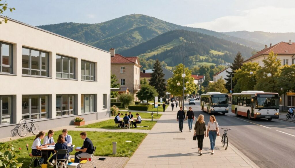 A vibrant urban scene showcasing educational infrastructure in Gorlice, nestled in the Beskid Niski mountains. In the foreground, a modern school building with large windows and green outdoor spaces, students in professional attire engaged in activities, symbolizing learning and collaboration. The middle ground features tree-lined streets with buses and bicycles, illustrating the city's transport options, while pedestrians walk along well-maintained sidewalks, adding life to the scene. In the background, the stunning mountain landscape of Beskid Niski provides a serene backdrop, bathed in warm sunlight, casting gentle shadows. Capture the atmosphere of progress and community spirit in a bright and inviting setting, using a wide-angle lens to emphasize depth and vibrancy in the composition. A vibrant urban scene showcasing educational infrastructure in Gorlice, nestled in the Beskid Niski mountains. In the foreground, a modern school building with large windows and green outdoor spaces, students in professional attire engaged in activities, symbolizing learning and collaboration. The middle ground features tree-lined streets with buses and bicycles, illustrating the city's transport options, while pedestrians walk along well-maintained sidewalks, adding life to the scene. In the background, the stunning mountain landscape of Beskid Niski provides a serene backdrop, bathed in warm sunlight, casting gentle shadows. Capture the atmosphere of progress and community spirit in a bright and inviting setting, using a wide-angle lens to emphasize depth and vibrancy in the composition.