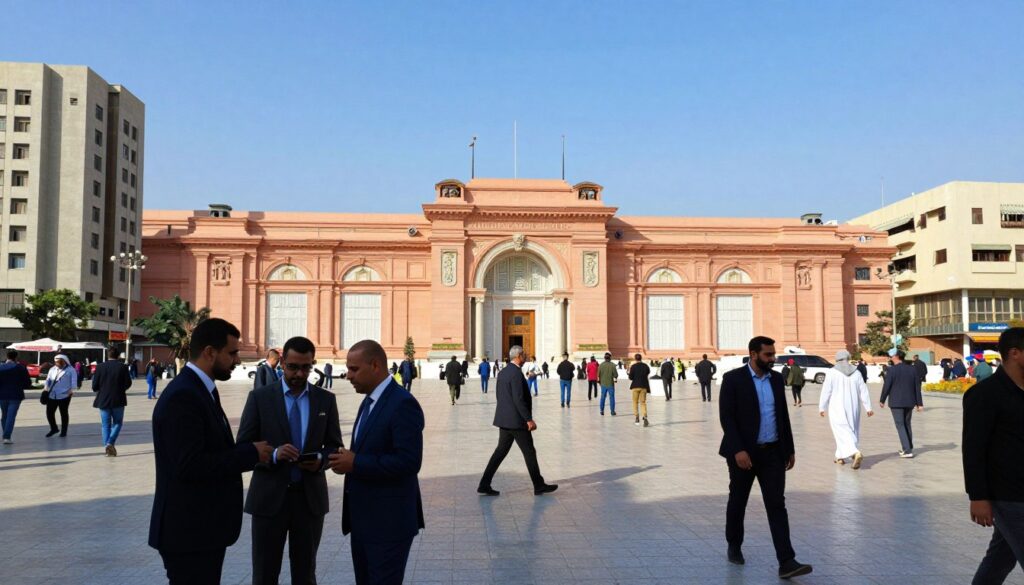 A vibrant view of Tahrir Square in modern Cairo, showcasing the iconic Egyptian Museum in the background under a bright blue sky. The foreground features people in professional business attire and modest casual clothing, engaged in discussions or leisurely walking, giving a sense of the bustling urban life. In the middle, various modern buildings surround the square, blending contemporary architecture with hints of historical elements. The lighting is bright and sunny, casting soft shadows that highlight the textures of the buildings and people's clothing. Capture the atmosphere of an active city center, filled with energy and purpose, emphasizing Tahrir Square as a focal point of culture and modernity in Cairo. Use a slightly elevated angle to encompass the breadth of the square.