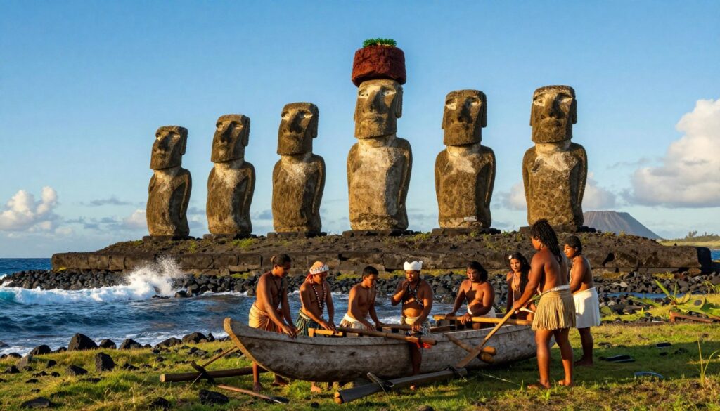 A vivid scene depicting the early settlement of Rapa Nui, also known as Easter Island. In the foreground, a group of Polynesian navigators dressed in traditional, modest clothing constructs a wooden canoe, showcasing their craftsmanship and connection to the sea. The middle ground features the iconic moai statues, some partially shrouded in lush greenery and others standing tall against a clear blue sky. In the background, gentle waves lap against the rocky coastline, with distant volcanic hills under the warm glow of a setting sun, creating an atmosphere of exploration and wonder. The lighting emphasizes the textures of the stone and the natural beauty of the island, conveying a sense of historical significance and cultural heritage in this remote, mysterious location. A vivid scene depicting the early settlement of Rapa Nui, also known as Easter Island. In the foreground, a group of Polynesian navigators dressed in traditional, modest clothing constructs a wooden canoe, showcasing their craftsmanship and connection to the sea. The middle ground features the iconic moai statues, some partially shrouded in lush greenery and others standing tall against a clear blue sky. In the background, gentle waves lap against the rocky coastline, with distant volcanic hills under the warm glow of a setting sun, creating an atmosphere of exploration and wonder. The lighting emphasizes the textures of the stone and the natural beauty of the island, conveying a sense of historical significance and cultural heritage in this remote, mysterious location.