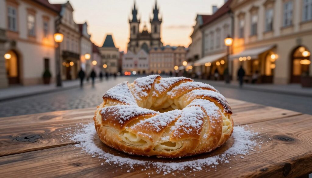 A warm and enticing scene featuring a freshly baked trdelník, a traditional Czech pastry, placed on a rustic wooden table. The trdelník is dusted generously with powdered sugar and has a golden-brown, crispy exterior, revealing a soft, fluffy interior. In the background, softly blurred, there are quaint cobblestone streets of Prague, illuminated by the warm glow of evening lights, with historic buildings creating a charming atmosphere. The setting sun casts a gentle golden light, enhancing the textures of the pastry. Capture the image from a slightly elevated angle, focusing on the trdelník while incorporating the lively Prague streets in the background, evoking a sense of sweet indulgence and cultural heritage. A warm and enticing scene featuring a freshly baked trdelník, a traditional Czech pastry, placed on a rustic wooden table. The trdelník is dusted generously with powdered sugar and has a golden-brown, crispy exterior, revealing a soft, fluffy interior. In the background, softly blurred, there are quaint cobblestone streets of Prague, illuminated by the warm glow of evening lights, with historic buildings creating a charming atmosphere. The setting sun casts a gentle golden light, enhancing the textures of the pastry. Capture the image from a slightly elevated angle, focusing on the trdelník while incorporating the lively Prague streets in the background, evoking a sense of sweet indulgence and cultural heritage.