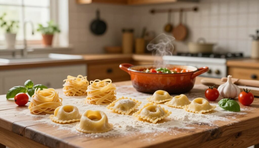 A warm and inviting kitchen scene featuring Italian pasta dishes on a rustic wooden table. In the foreground, showcase various types of homemade pasta, such as fettuccine, ravioli, and gnocchi, arranged artistically on a flour-dusted surface. Include colorful ingredients like fresh basil, cherry tomatoes, and garlic scattered around for added vibrancy. In the middle ground, display a pot of simmering sauce, glowing under soft, natural lighting, enhancing the inviting atmosphere. The background should hint at a cozy kitchen with warm wooden cabinets, pots hanging from a rack, and herbs in small pots on the windowsill. Capture the essence of a traditional Italian cooking ambiance, evoking feelings of warmth, comfort, and authenticity. Use a soft-focus lens effect to create a dreamy, homely vibe, evoking culinary nostalgia. A warm and inviting kitchen scene featuring Italian pasta dishes on a rustic wooden table. In the foreground, showcase various types of homemade pasta, such as fettuccine, ravioli, and gnocchi, arranged artistically on a flour-dusted surface. Include colorful ingredients like fresh basil, cherry tomatoes, and garlic scattered around for added vibrancy. In the middle ground, display a pot of simmering sauce, glowing under soft, natural lighting, enhancing the inviting atmosphere. The background should hint at a cozy kitchen with warm wooden cabinets, pots hanging from a rack, and herbs in small pots on the windowsill. Capture the essence of a traditional Italian cooking ambiance, evoking feelings of warmth, comfort, and authenticity. Use a soft-focus lens effect to create a dreamy, homely vibe, evoking culinary nostalgia.